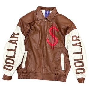 LEATHER 9000 Mens Y2K Leather Varsity Jacket Coat Money  Dollar Brown Cream Sz M